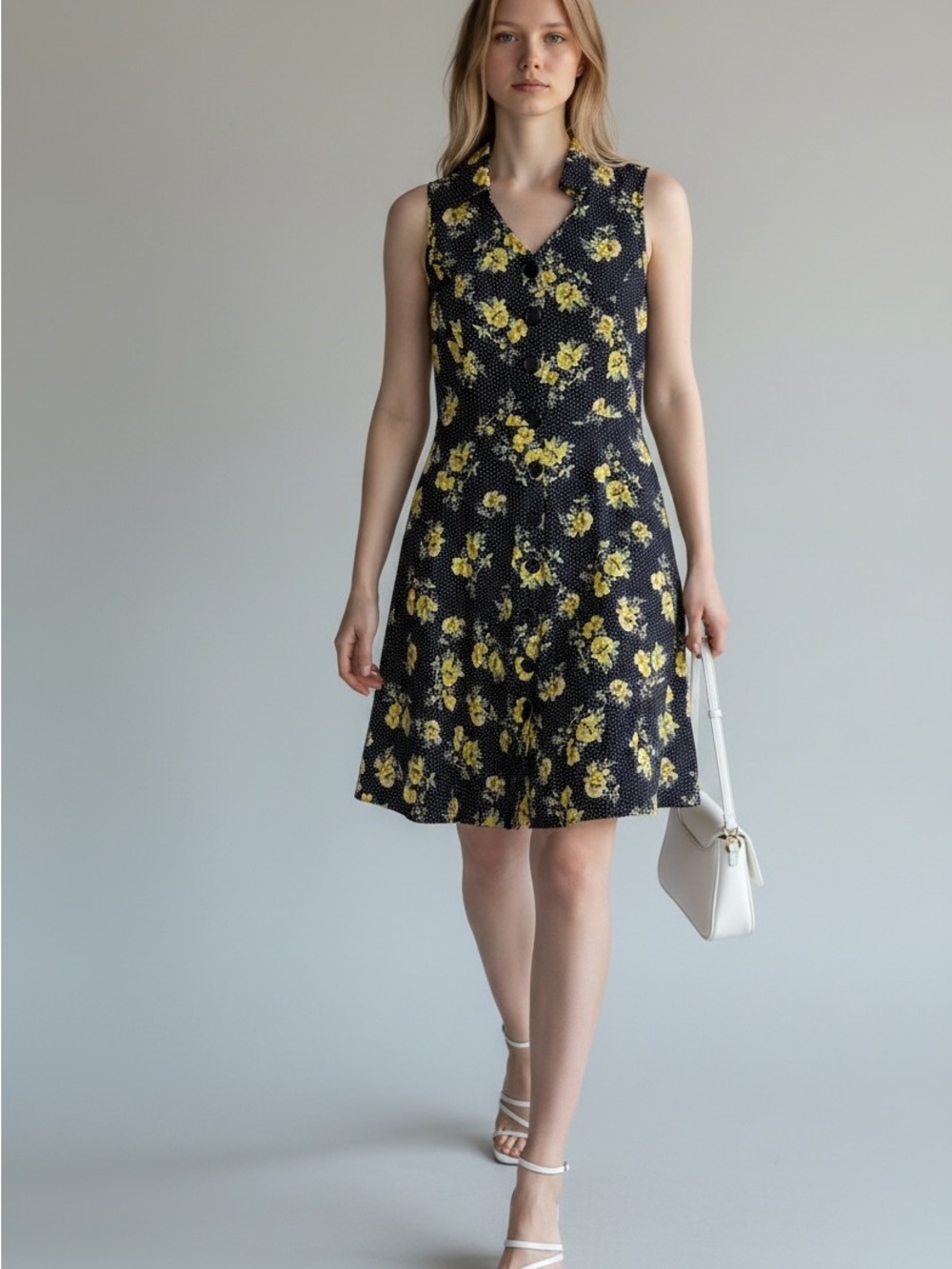 Mlle Gabrielle Black Sleeveless Mini Dress with Yellow Floral Print